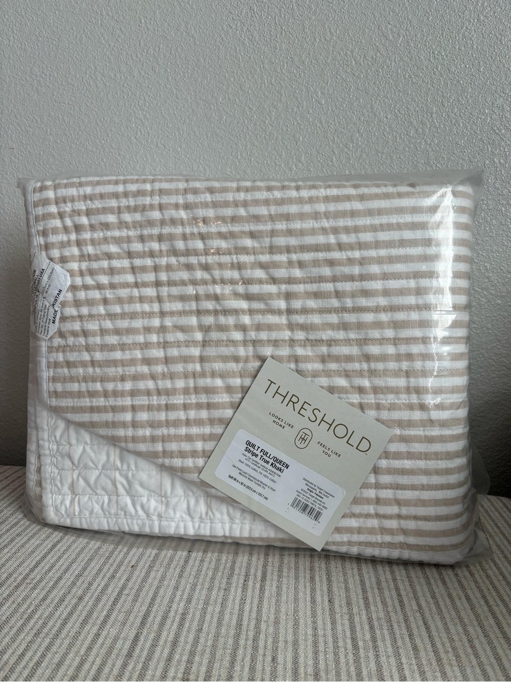 NWT Full/Queen Reversible Cotton Stripe Quilt Khaki - Threshold